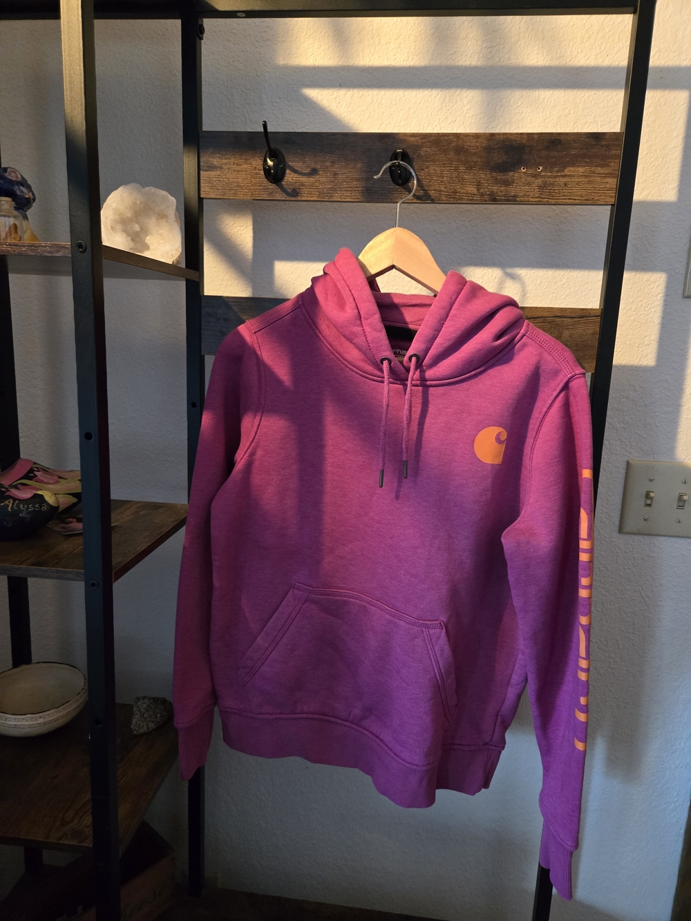 Carhartt Magenta Hoodie with Yellow Logo and Sleeve Print